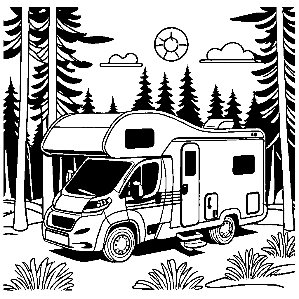 Black and white motorhome sketch parked in a campground coloring page