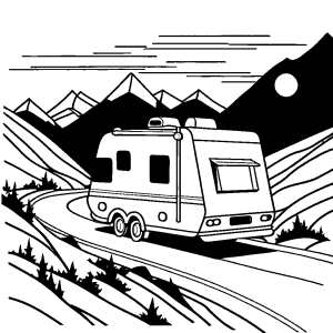 Simple sketch of a motorhome on a winding mountain path coloring page