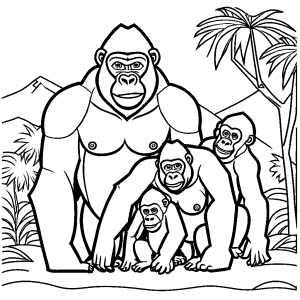 Gorilla family in habitat coloring page