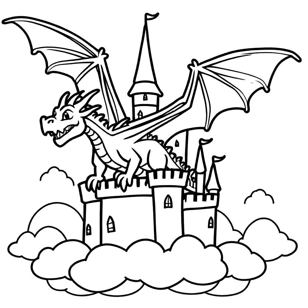 Mystical dragon sitting on a castle in the clouds coloring page