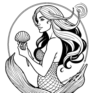 Mermaid with magical seashell wand coloring page