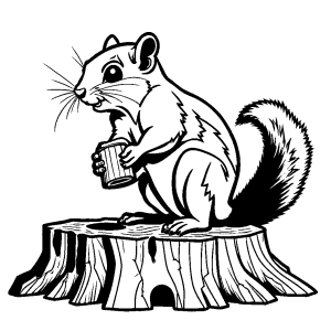 Squirrel happily munching on a nut while sitting on a tree stump coloring page