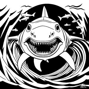 Megalodon one-line drawing with waves around it coloring page