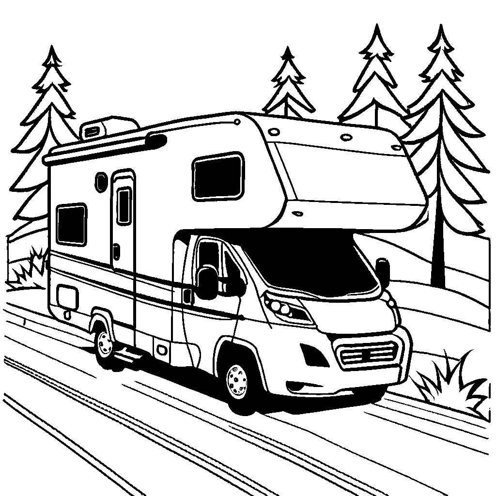 Recreational vehicle (RV) outline drawing on the road coloring page