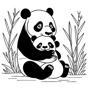 Panda bear holding a baby panda bear in its arms, line drawing coloring page