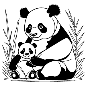 Uncolored illustration of a panda bear and a baby panda bear sitting next to each other, coloring page
