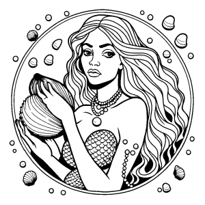 Mermaid with pearl and seashells coloring page