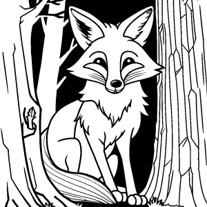 Fox peeking out from behind a tree with a mischievous expression coloring page