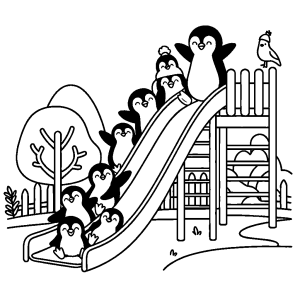 Penguin group enjoying fun slide park activity coloring page