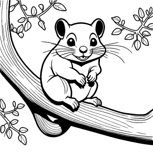 Round flying squirrel sitting on a tree branch coloring page