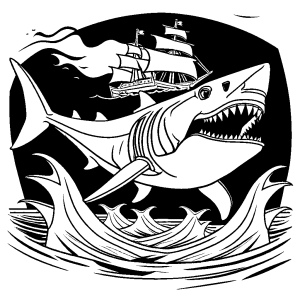 Megalodon wearing a pirate hat near a shipwreck coloring page