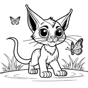 Young caracal chasing butterfly in playful manner coloring page