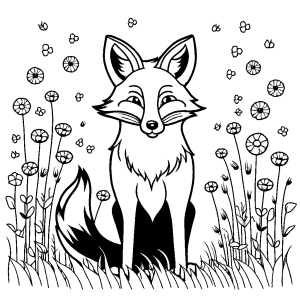 Playful fox with playful expression playing in a field of flowers coloring page