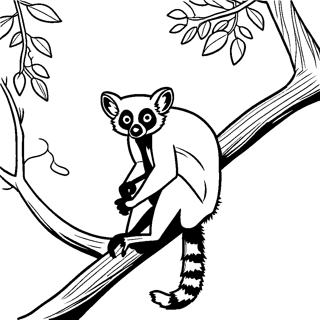 Lemur outline drawing on tree branch Coloring Page