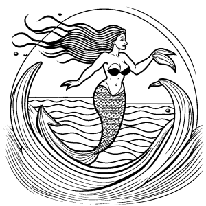 Joyful mermai jumping over waves in open ocean coloring page