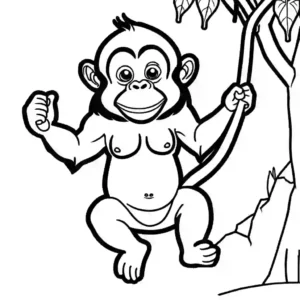 Happy orangutan hanging from a tree and enjoying a banana snack coloring page