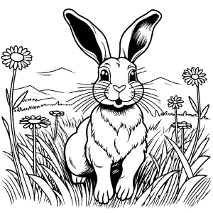 Rabbit hopping in a field of flowers, simple coloring page