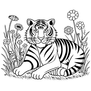 Tiger sitting in flower meadow coloring page