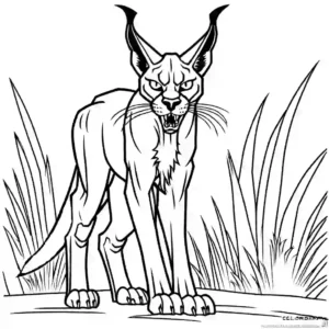 Caracal displaying its menacing teeth and powerful jaw coloring page