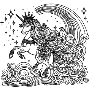 Princess unicorn and sparkling rainbow coloring page for kids coloring page