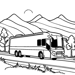 Clean and easy coloring sheet of a motor coach on a country road coloring page