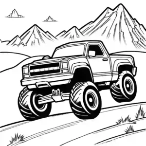 Monster truck racing over rough terrain with suspension fully extended and dirt flying in all directions coloring page
