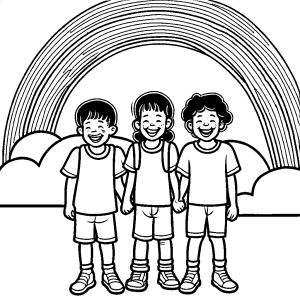 Three happy kids under a vibrant rainbow coloring page