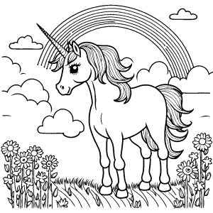 Rainbow Unicorn standing in a field of flowers under a sunny sky. coloring page