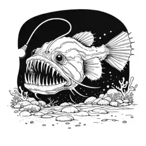 Bioluminescent anglerfish with sharp teeth hiding in the deep sea coloring page