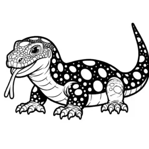 Komodo Dragon with tongue out, in natural habitat, line drawing coloring page