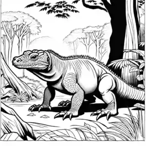 Realistic drawing of Komodo Dragon in forest coloring page