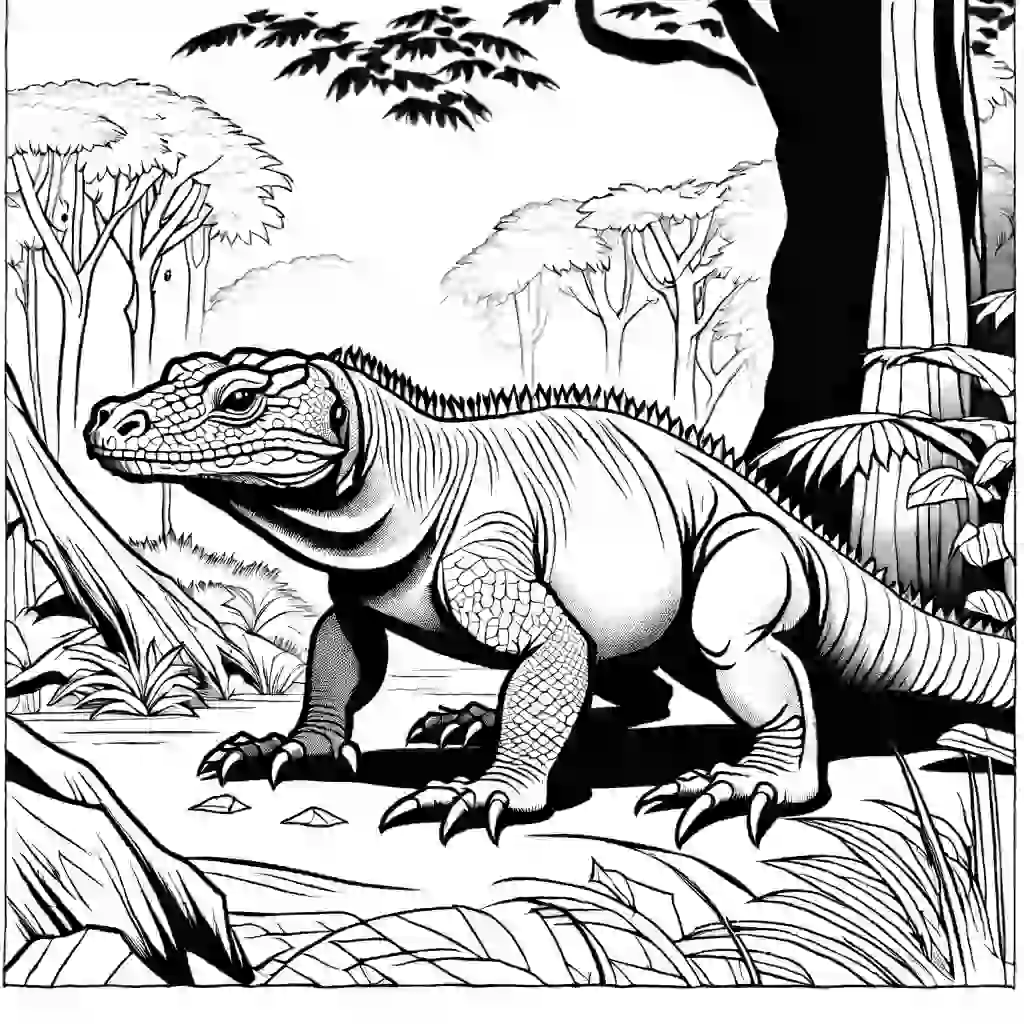 Realistic drawing of Komodo Dragon in forest coloring page