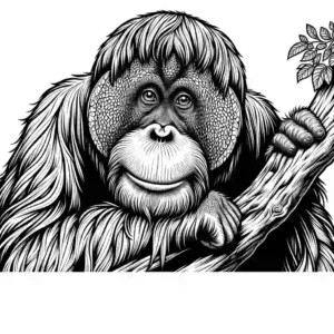 Realistic Orangutan with expressive eyes sitting on a tree branch coloring page