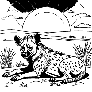 Relaxed hyena laying down under the sun in the African plains coloring page