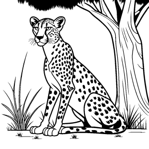 Cheetah resting illustration under a tree or in the grass for coloring activity coloring page