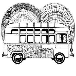 Vintage bus coloring page with retro designs for children