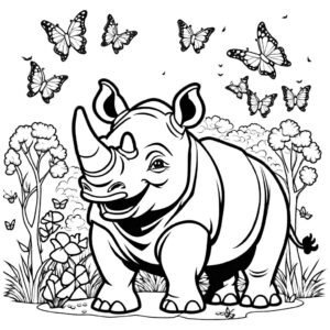 Smiling Rhinoceros coloring page surrounded by butterflies and birds in beautiful natural habitat coloring page