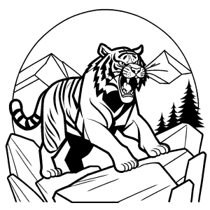 Fierce tiger roaring in rocky terrain coloring page