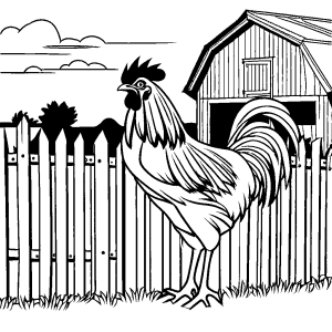 Rooster perched on a fence with a barn in the background coloring page