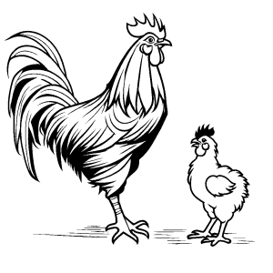 Rooster crowing with a small chick by its side coloring page