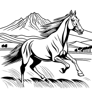 Realistic horse coloring page of horse running in open field with distant mountain backdrop coloring page
