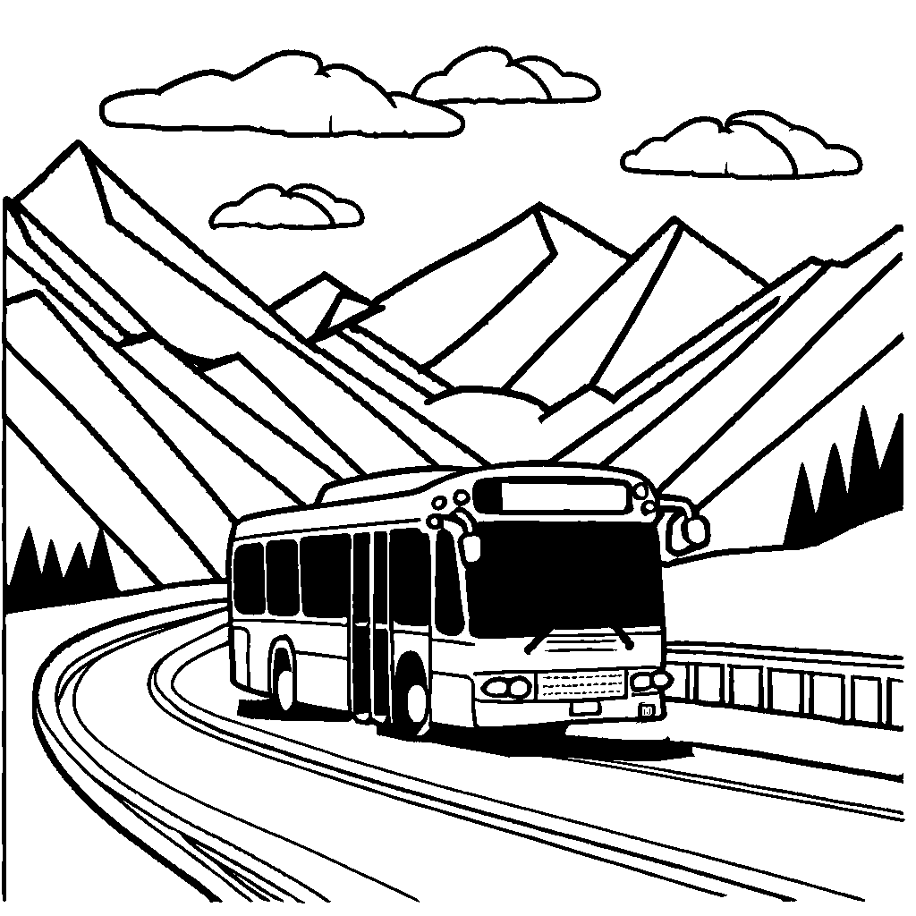 Bus traveling on road coloring page with scenic view