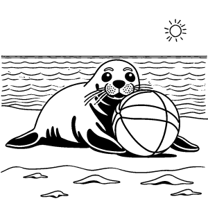 Seal playing with a beach ball on the sandy shore coloring page