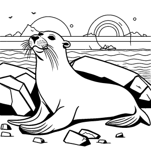 Seal basking in the sun on a rocky beach coloring page