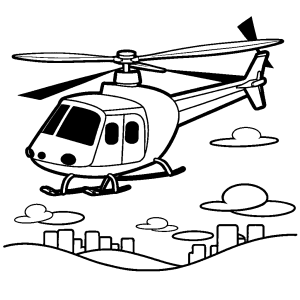 Cartoon helicopter flying in the sky with rotor blades and a smiley face