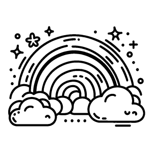 Simple cartoon style rainbow with happy clouds coloring page