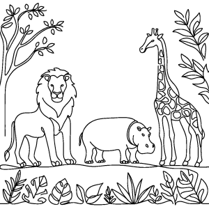 Lion, hippo, and giraffe in a jungle coloring page