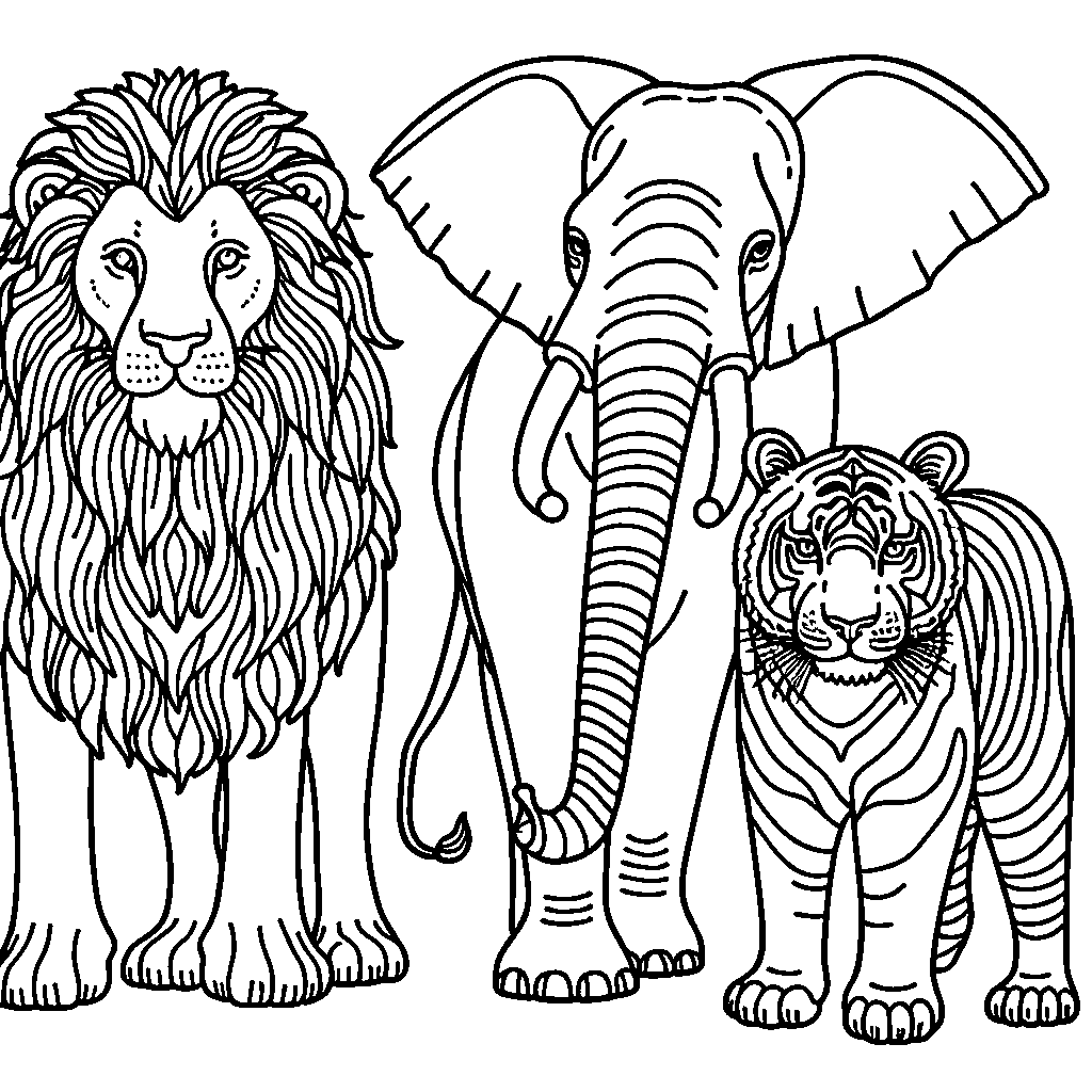 Outline illustration of lion, elephant, and tiger for coloring page