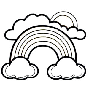 Cute one-line drawing of a rainbow, sun, and clouds in the sky coloring page