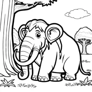 Sleepy Mammoth resting under a big tree coloring page
